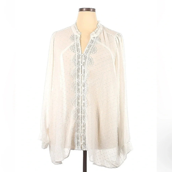 Torrid | Cloud White Sheer Chiffon Clip Dot Ruffle Neck Tie Front Top 5X NWT - Picture 2 of 6